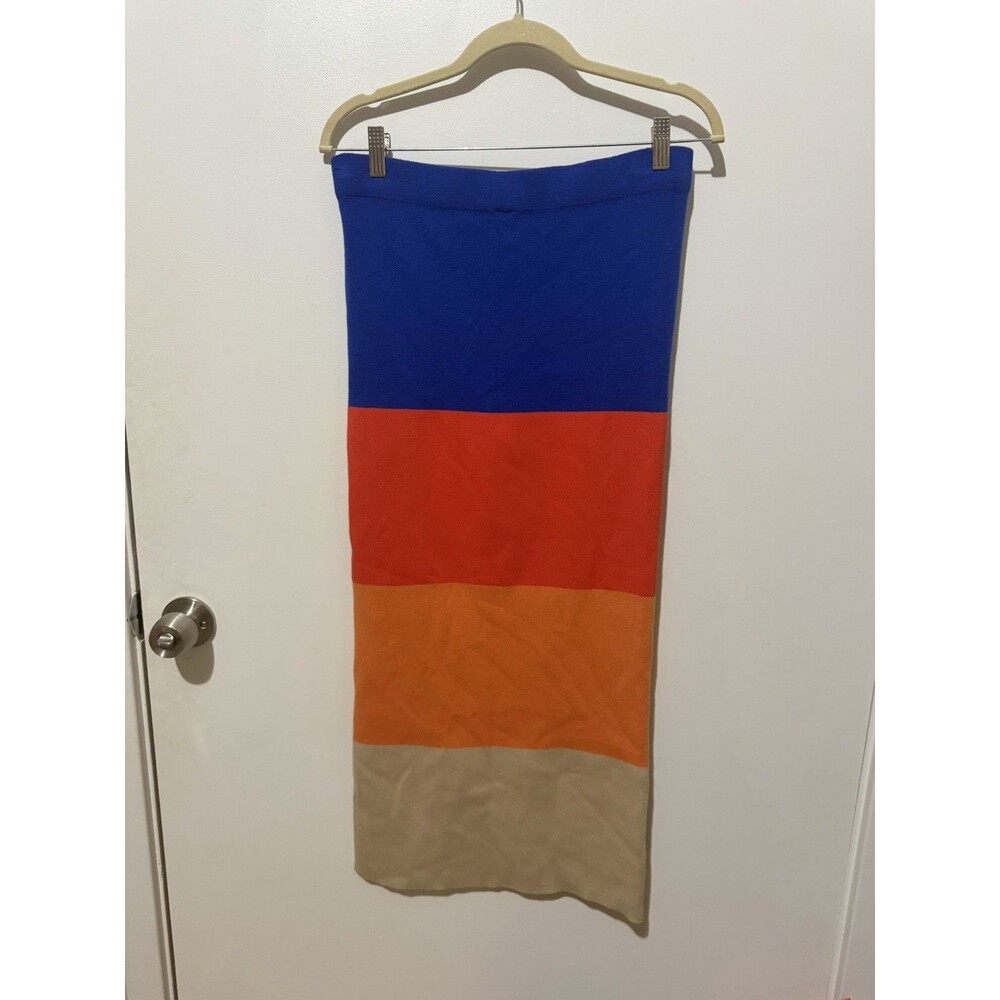 Anthropologie Kule Skirt Midi Colorblock Knit Celeste Preppy Wool Blend L NEW - Picture 4 of 4